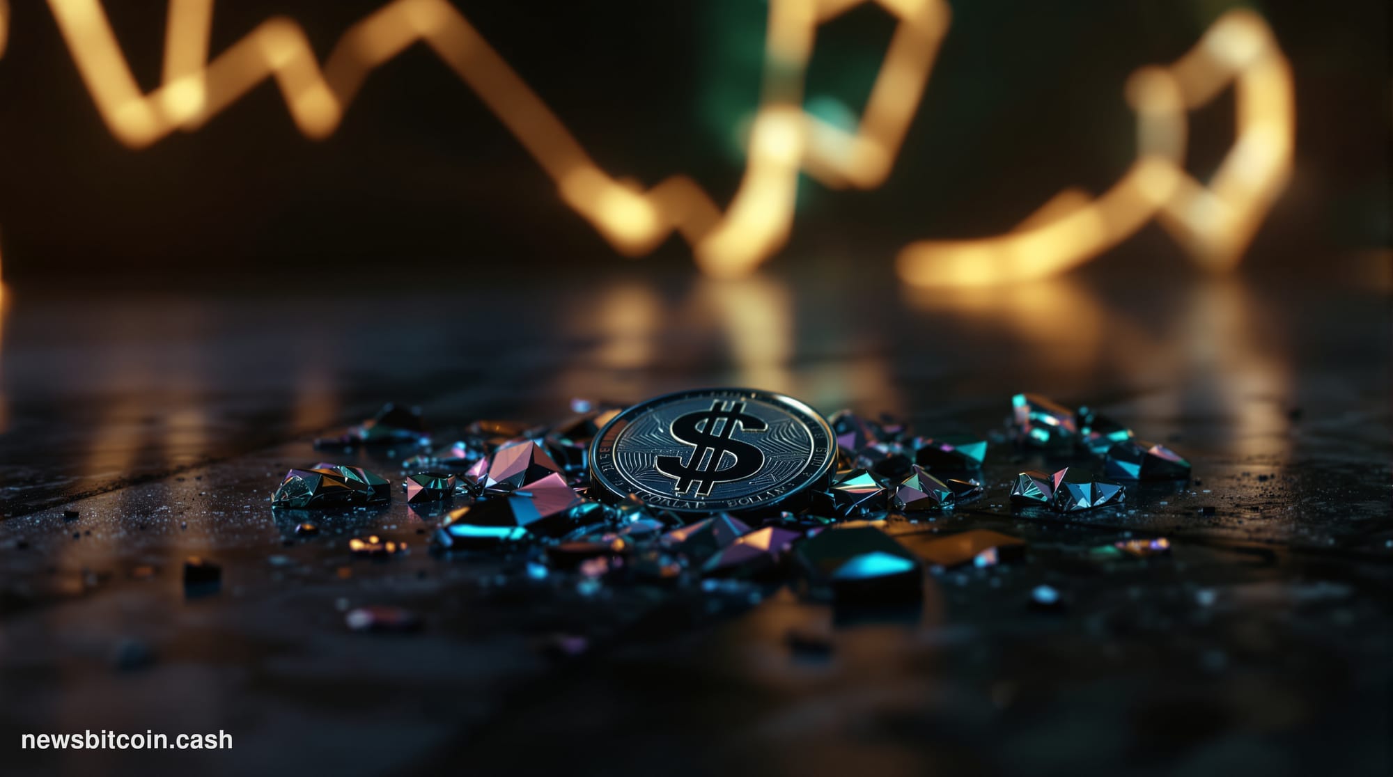 A cinematic photorealistic editorial photograph of a shattered glass dollar coin lying on a dark stone surface, its fragments