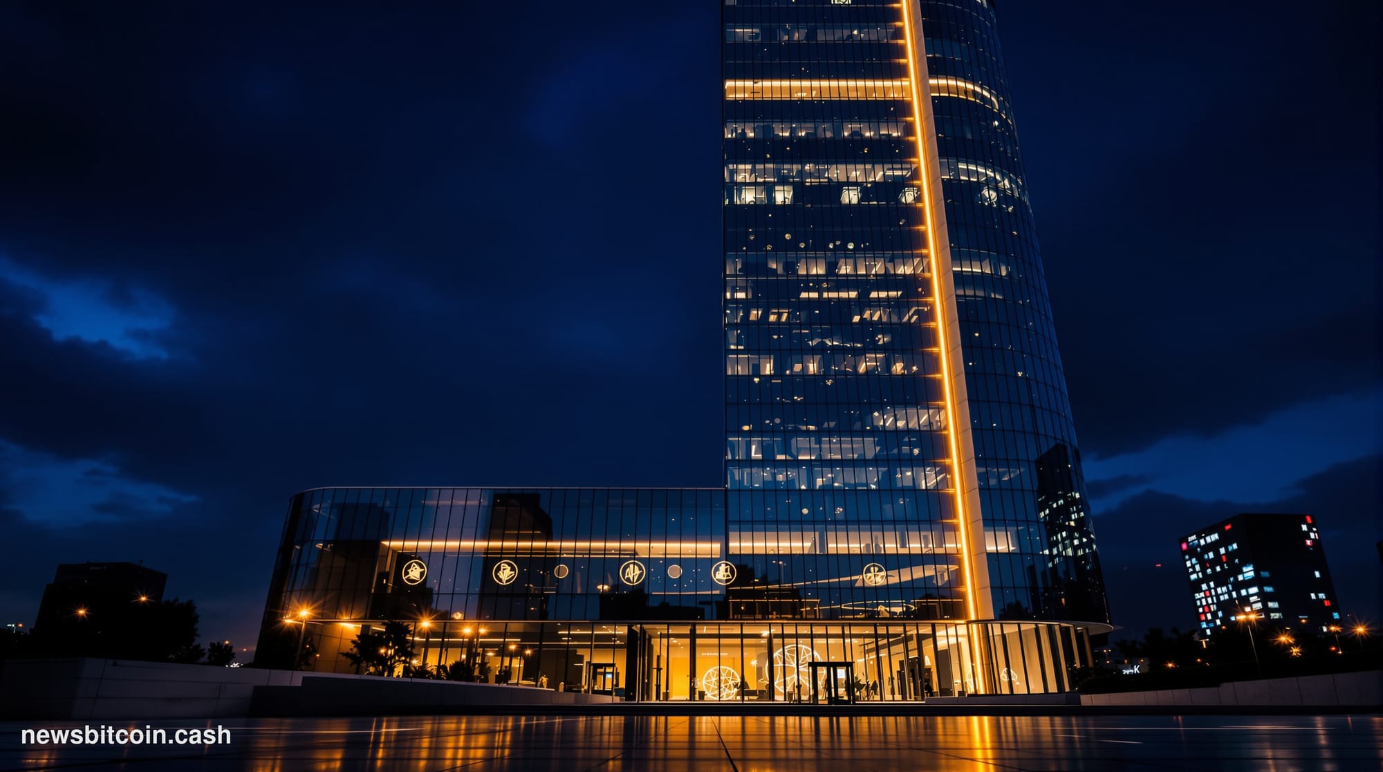 Cinematic photorealistic editorial photograph of the Absa bank headquarters building in Johannesburg, South Africa, shot from