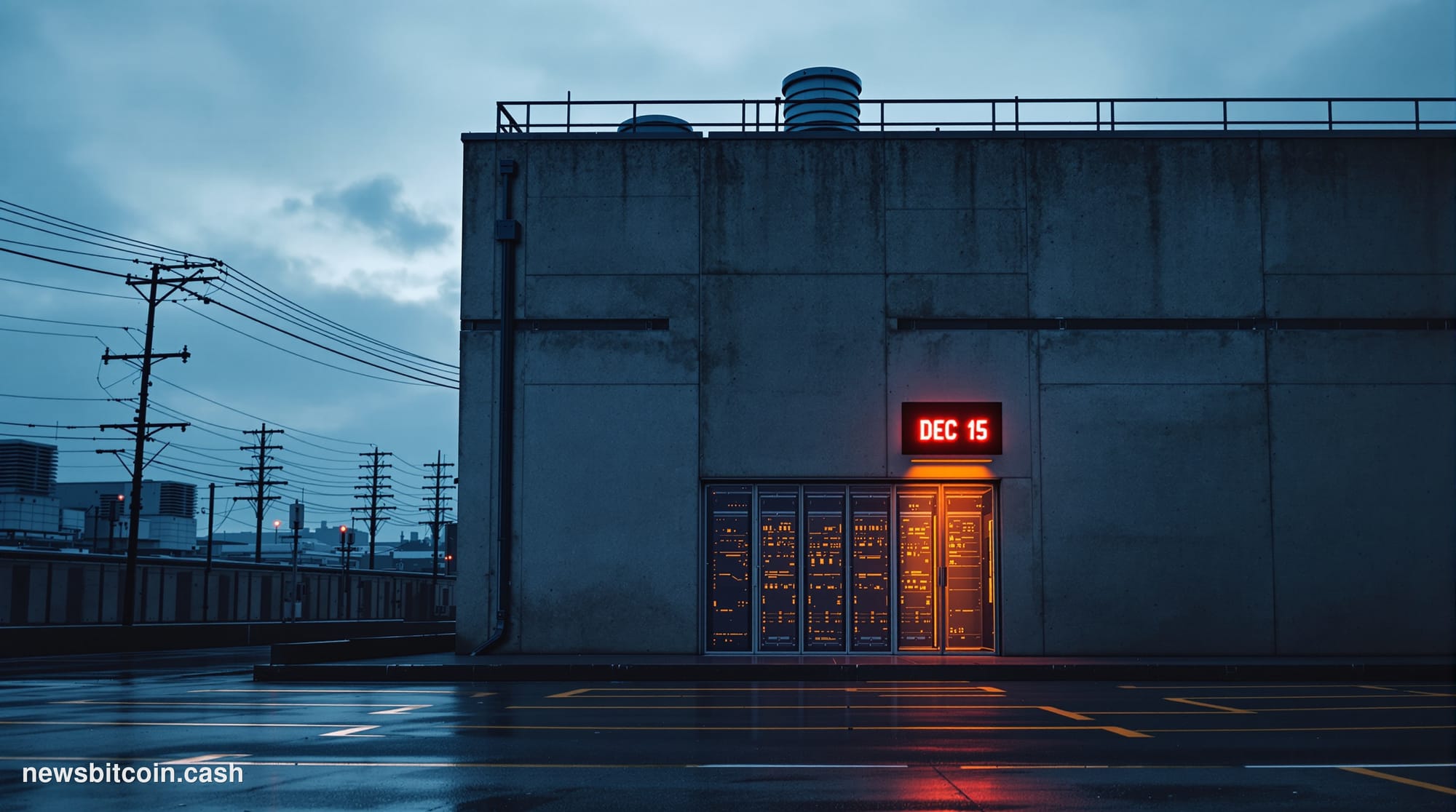 A cinematic photorealistic editorial photograph shot at dusk from a low angle, looking up at a brutalist concrete data center