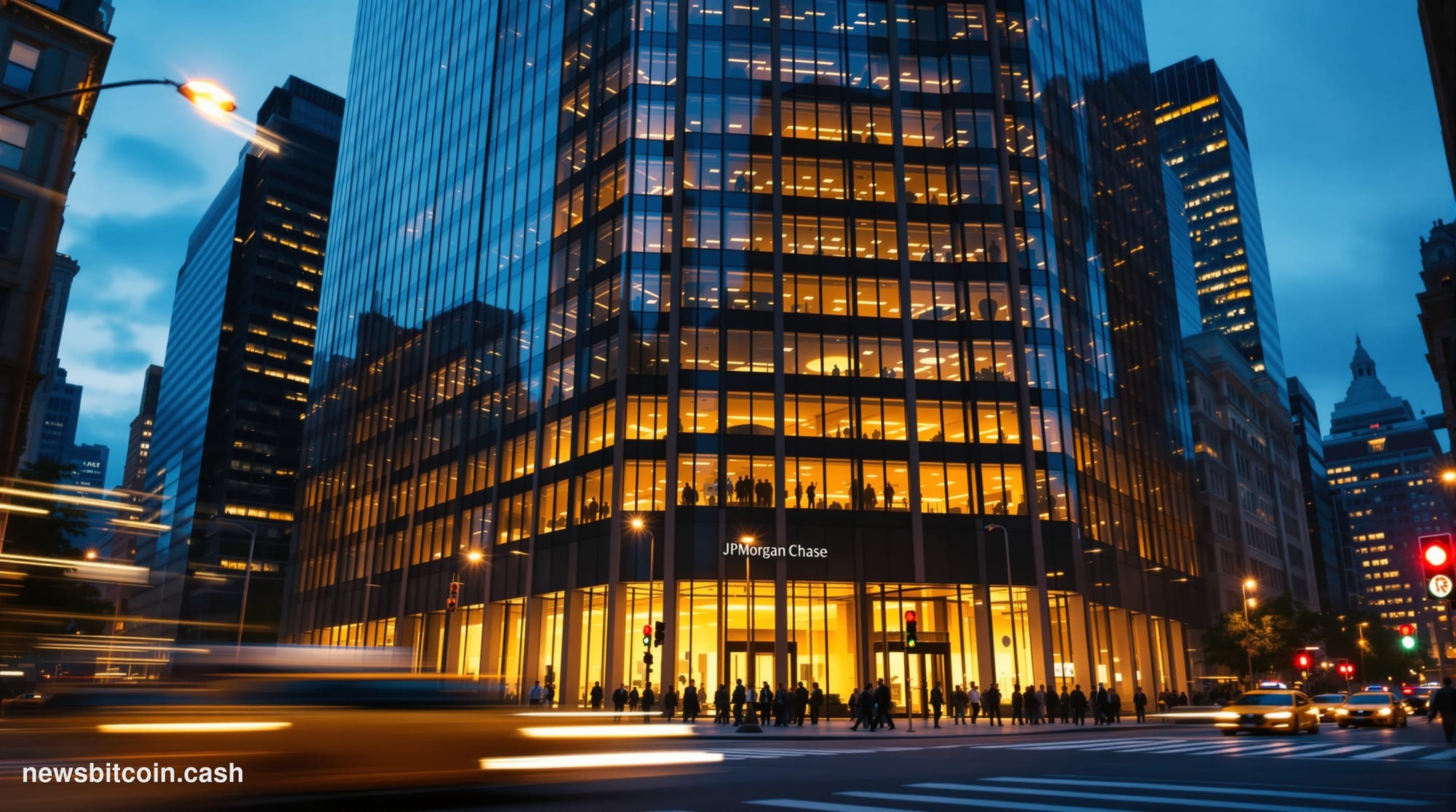 Cinematic photorealistic editorial photograph of the exterior of JPMorgan Chase's Manhattan headquarters tower on Park Avenue