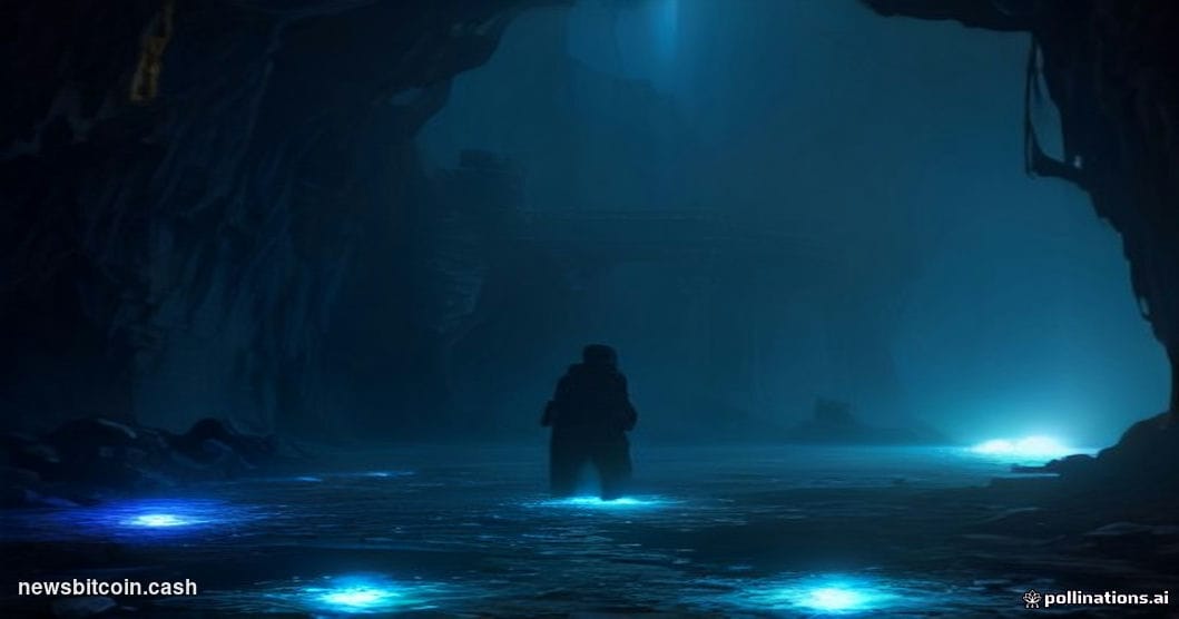 Cinematic photorealistic editorial photograph of a fractured digital bridge structure suspended in a dark atmospheric environ