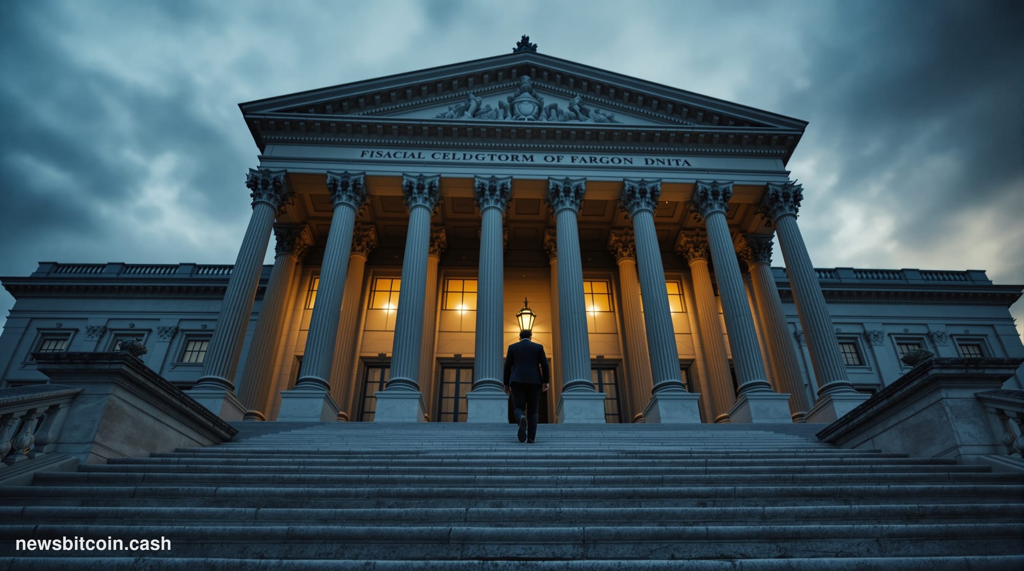 Cinematic photorealistic editorial photograph shot at a low angle looking up at the facade of a major US federal building — s