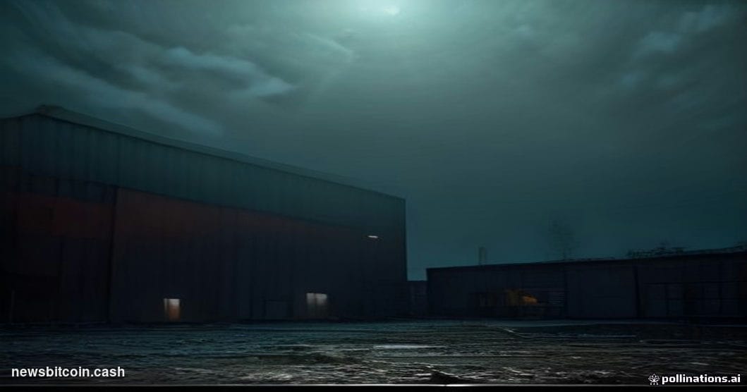 A cinematic photorealistic editorial photograph shot at ground level looking up at a weathered American manufacturing facilit