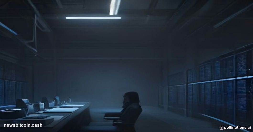 A cinematic photorealistic editorial photograph shot inside a vast, dimly lit server facility bathed in cold blue-white ambie