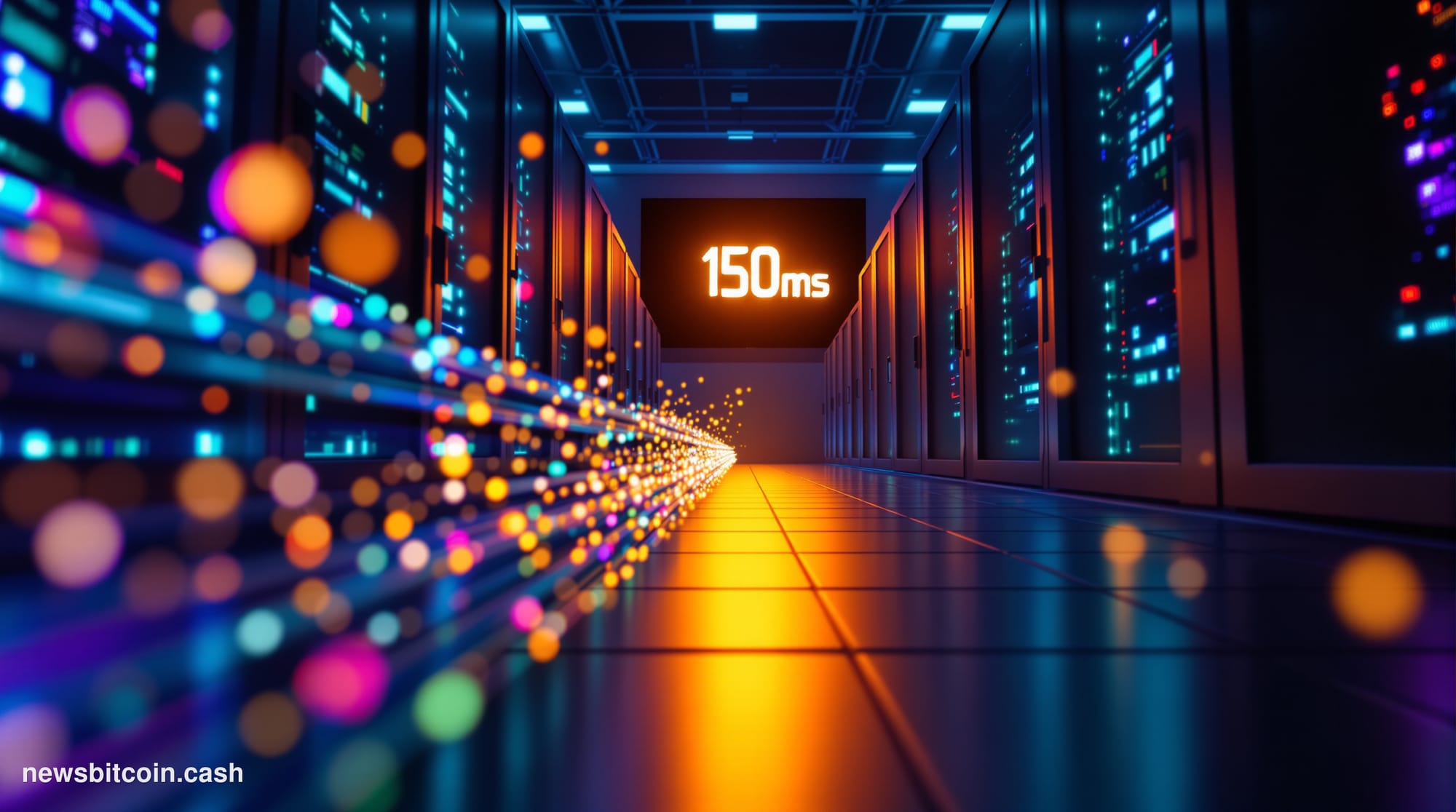 A cinematic photorealistic editorial photograph of a Solana-branded server infrastructure environment, shot from a low angle 