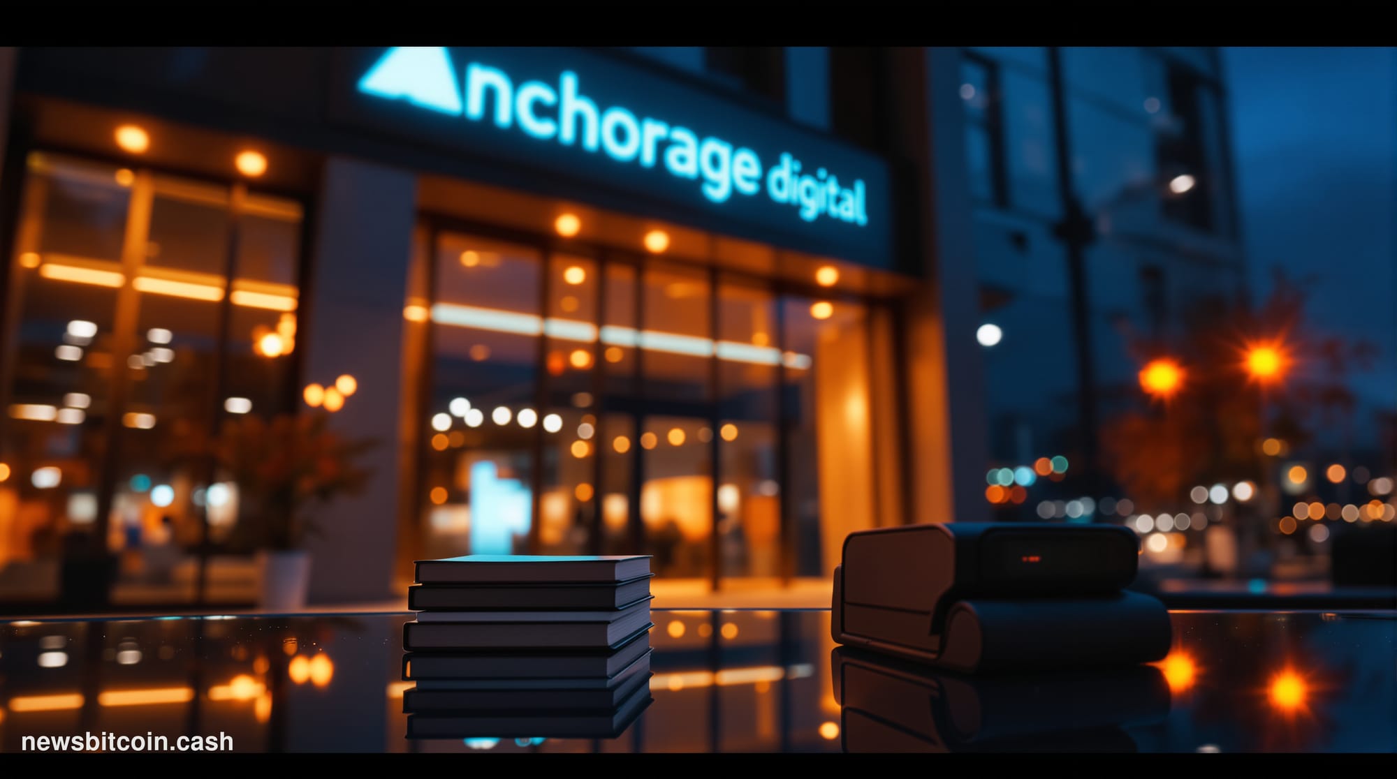 Cinematic photorealistic editorial photograph of Anchorage Digital's San Francisco office exterior at dusk, shot from a low a