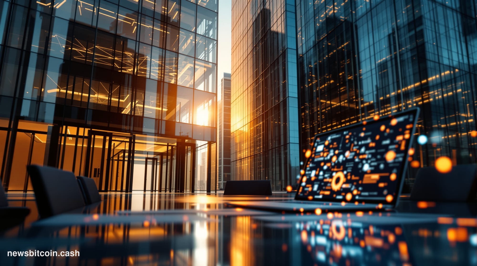 Cinematic photorealistic editorial photograph of a modern financial technology office environment, shot from a low angle look