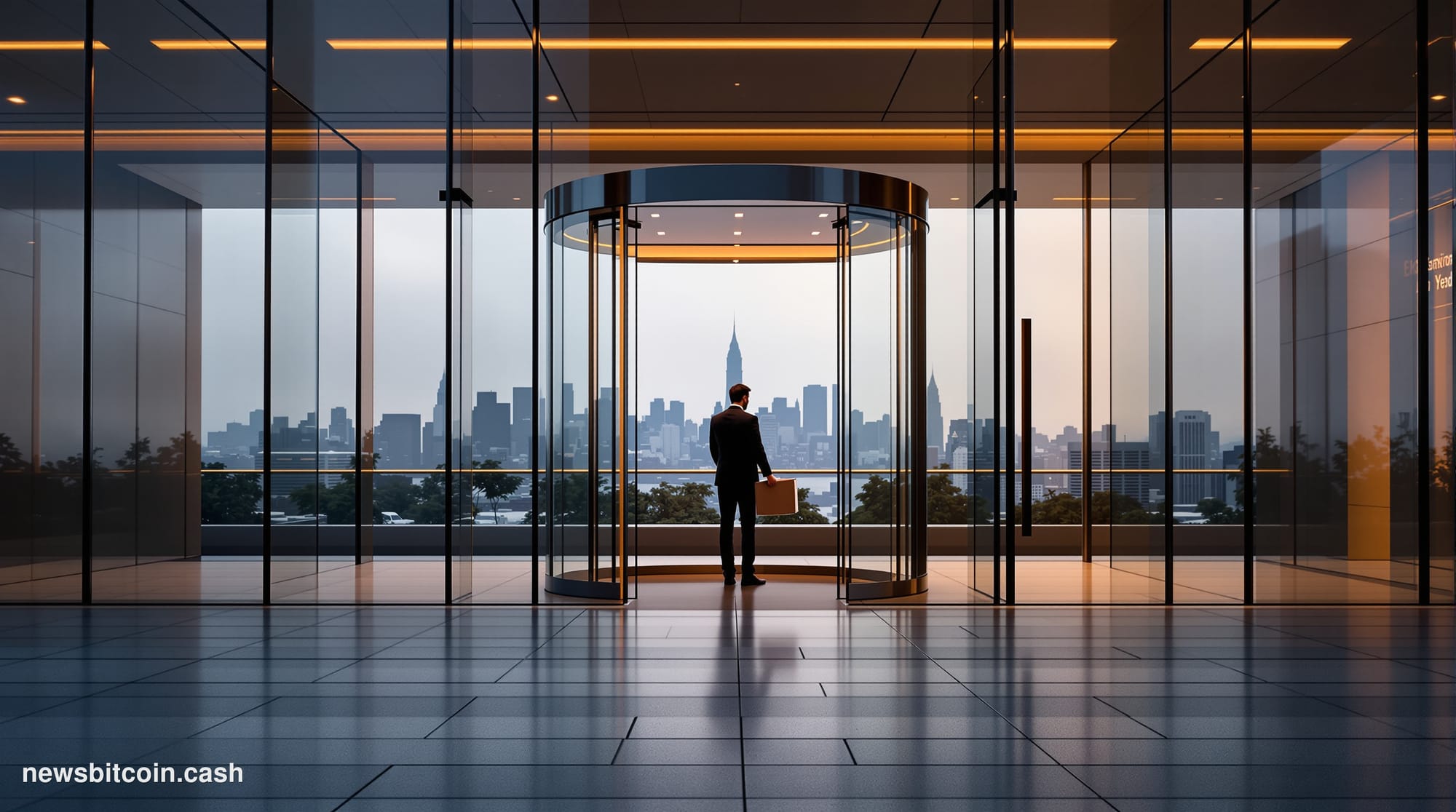 Cinematic photorealistic editorial photograph of a sleek institutional financial technology office exterior in San Francisco,