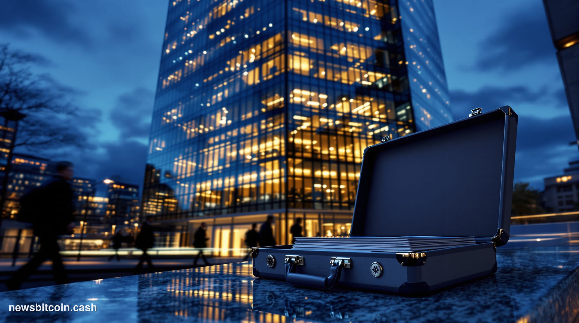 A cinematic photorealistic editorial photograph set at dusk outside Standard Chartered's iconic London headquarters on Basing