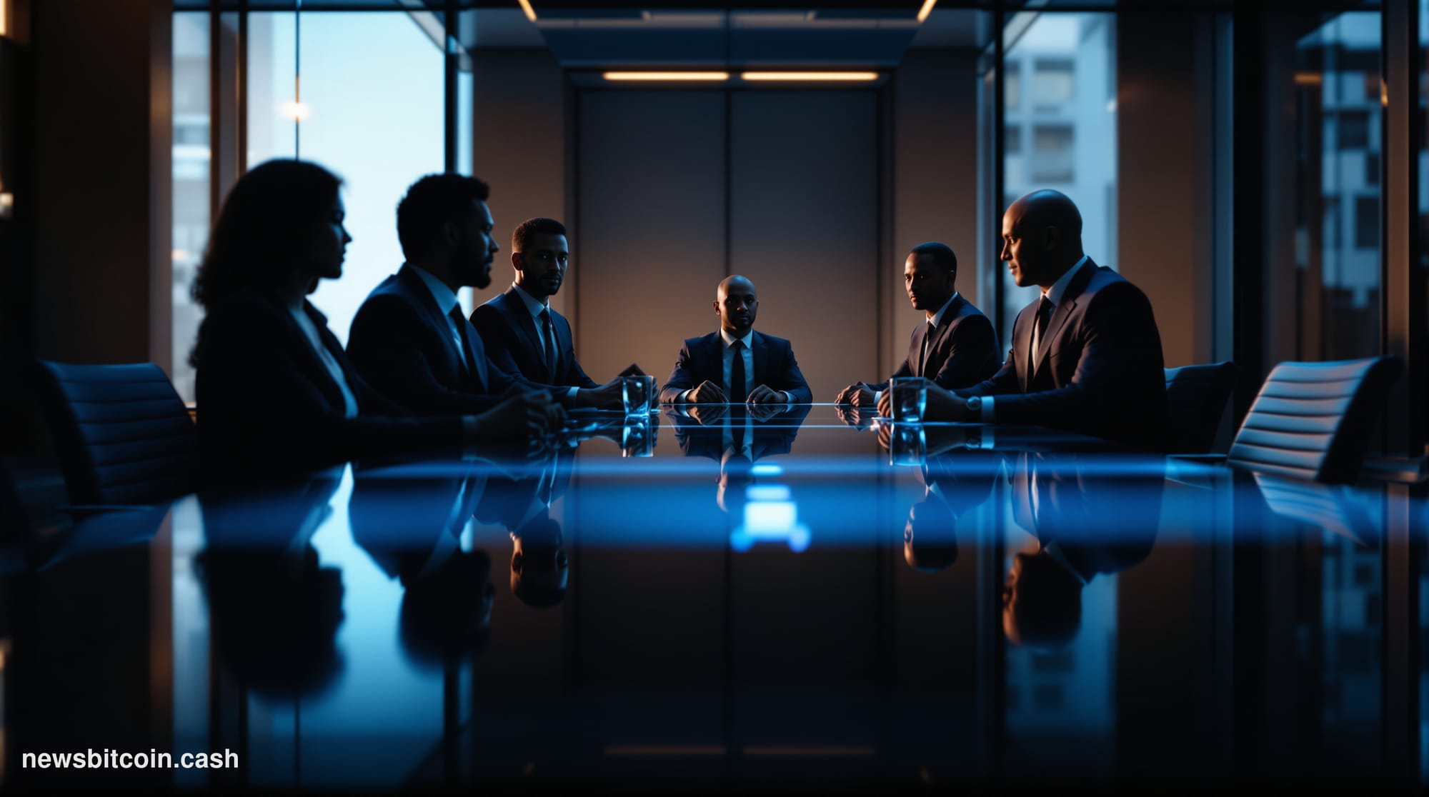 Cinematic photorealistic editorial photograph of a fractured business contract document resting on a sleek dark boardroom tab