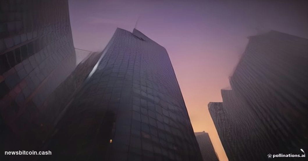 Cinematic photorealistic editorial photograph shot from a low angle looking up at a sleek modern corporate tower in San Franc