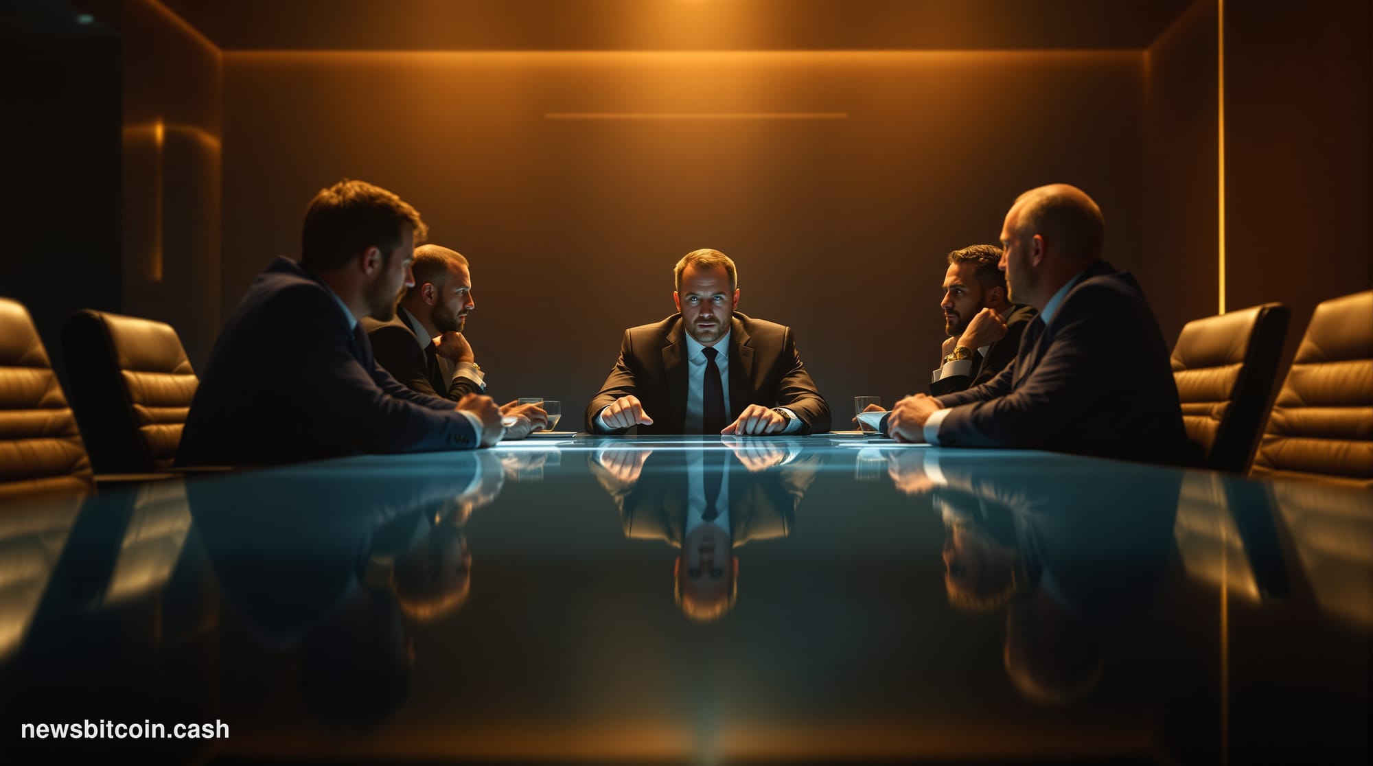 A cinematic photorealistic editorial photograph showing a modern glass-walled conference room during a tense boardroom meetin