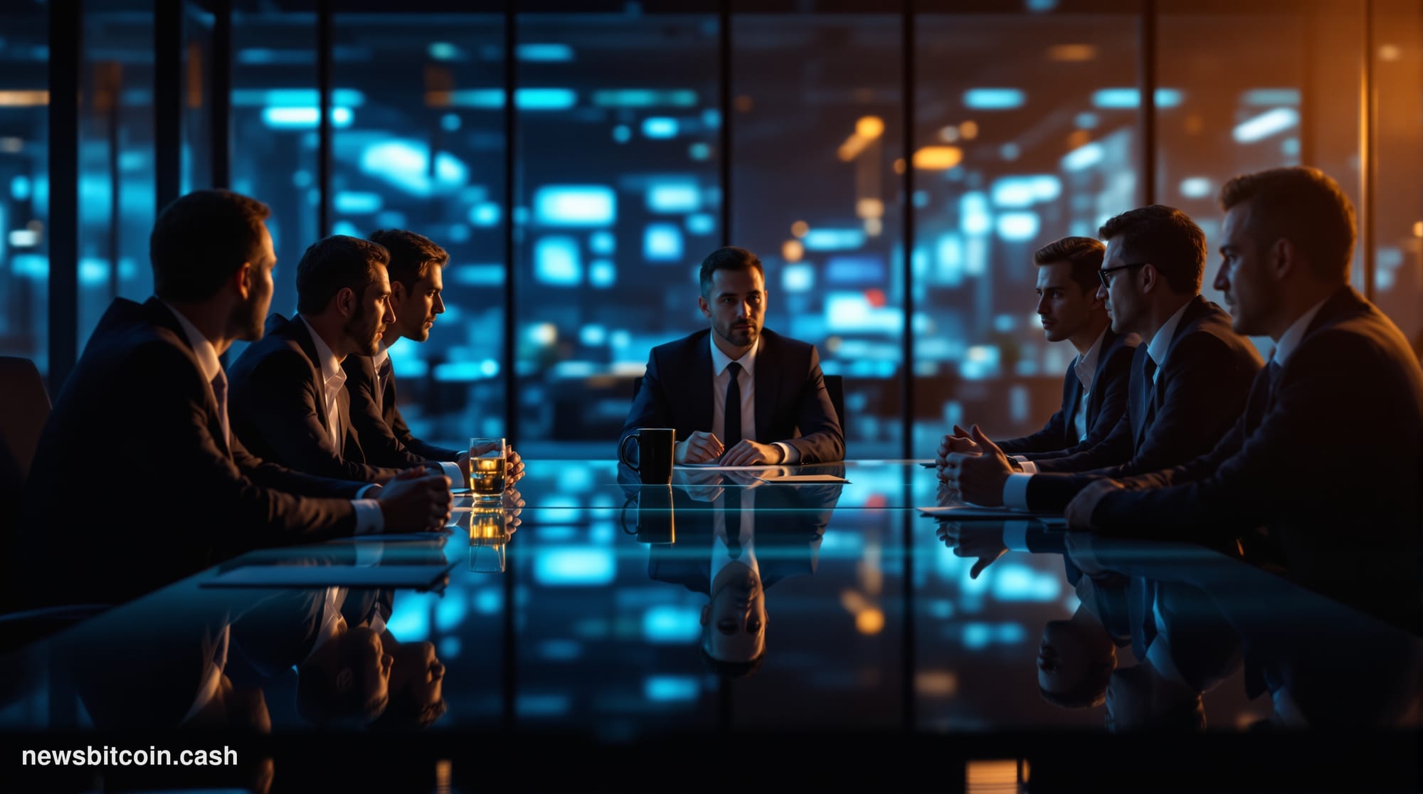 A cinematic photorealistic editorial photograph showing a modern glass-walled conference room during a tense boardroom meetin