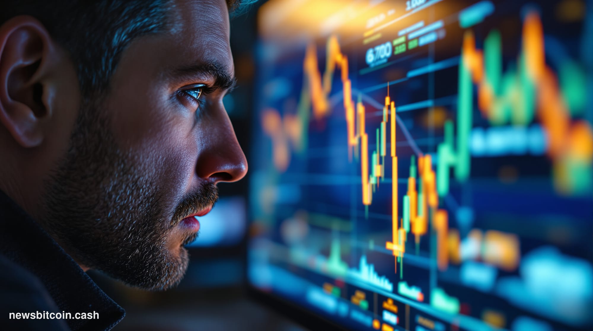 A cinematic photorealistic editorial photograph of Bitcoin trading screens displaying red candlestick charts showing the pric