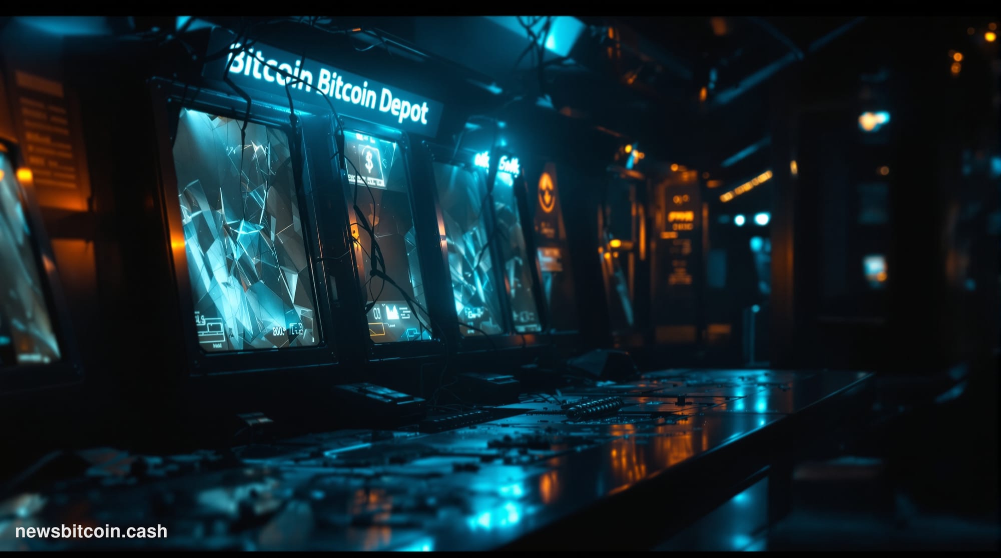 A cinematic photorealistic editorial photograph of a Bitcoin ATM kiosk in an empty convenience store or gas station, dramatic