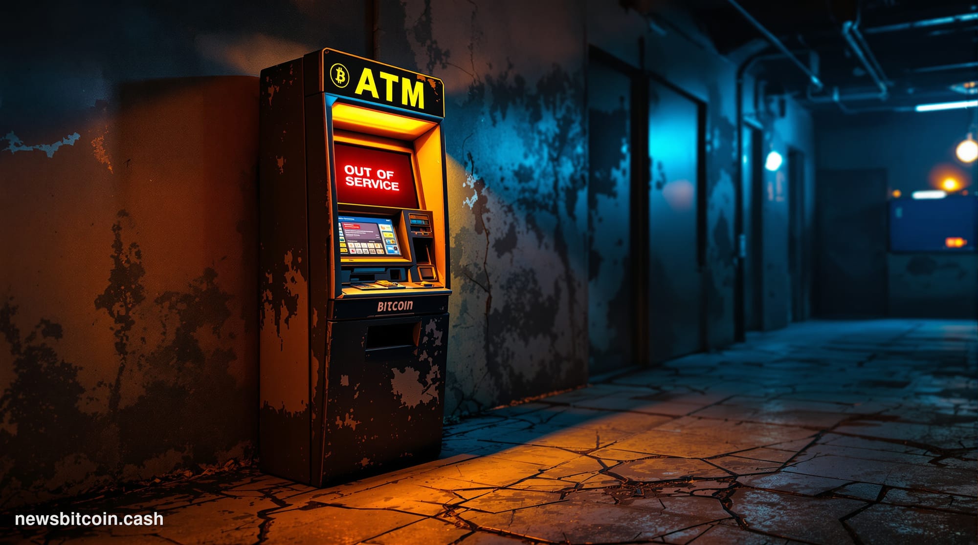 A cinematic photorealistic editorial photograph of a Bitcoin ATM kiosk in an empty convenience store or gas station, dramatic