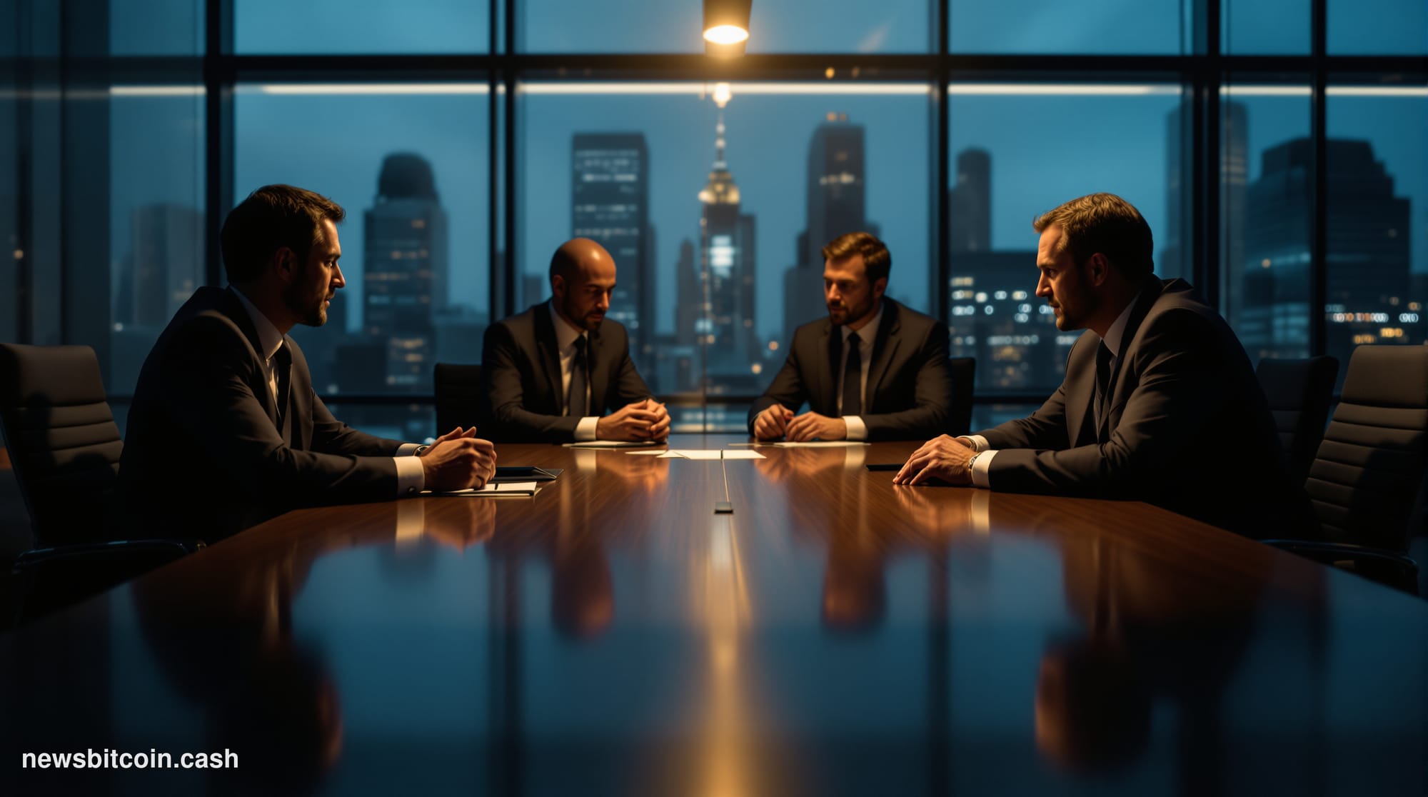 A cinematic photorealistic editorial photograph showing the iconic New York Department of Financial Services building in down