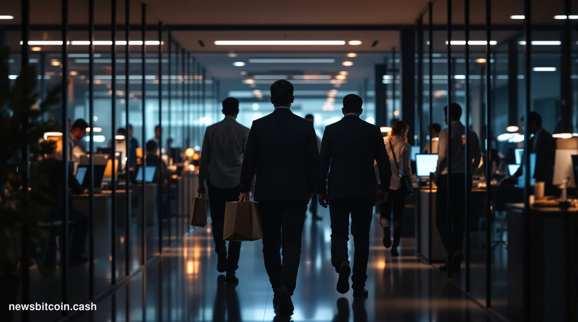 A cinematic photorealistic editorial photograph showing the exterior of a modern glass office building representing the Ether