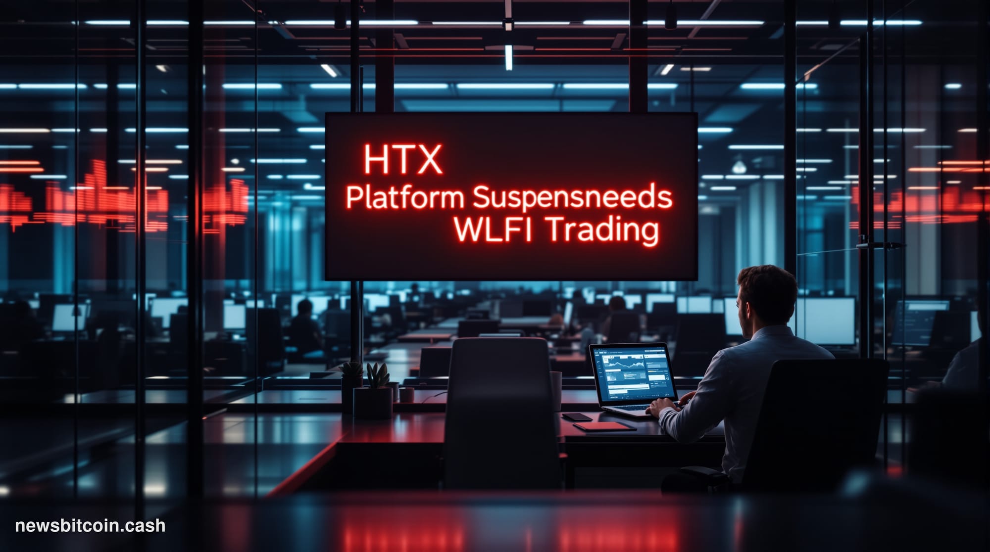 A cinematic photorealistic editorial photograph showing a modern cryptocurrency exchange trading floor in crisis mode, with m
