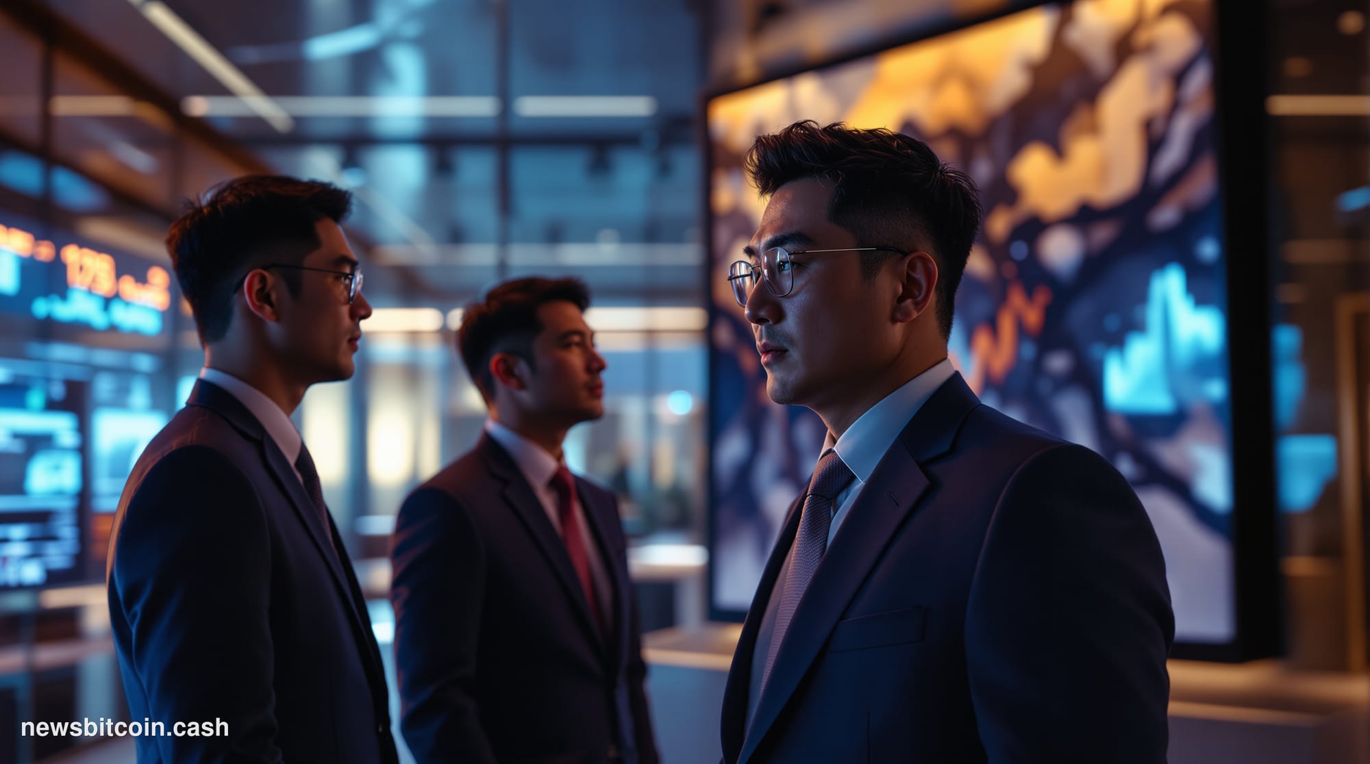A cinematic photorealistic editorial photograph capturing Seoul's financial district at dusk, with the imposing glass towers 