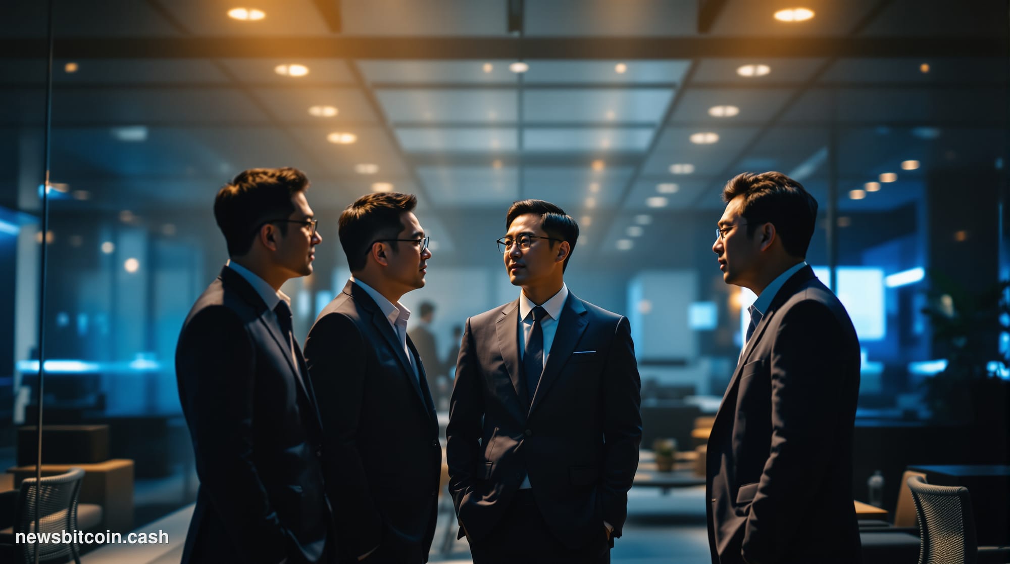 A cinematic photorealistic editorial photograph capturing Seoul's financial district at dusk, with the imposing glass towers 