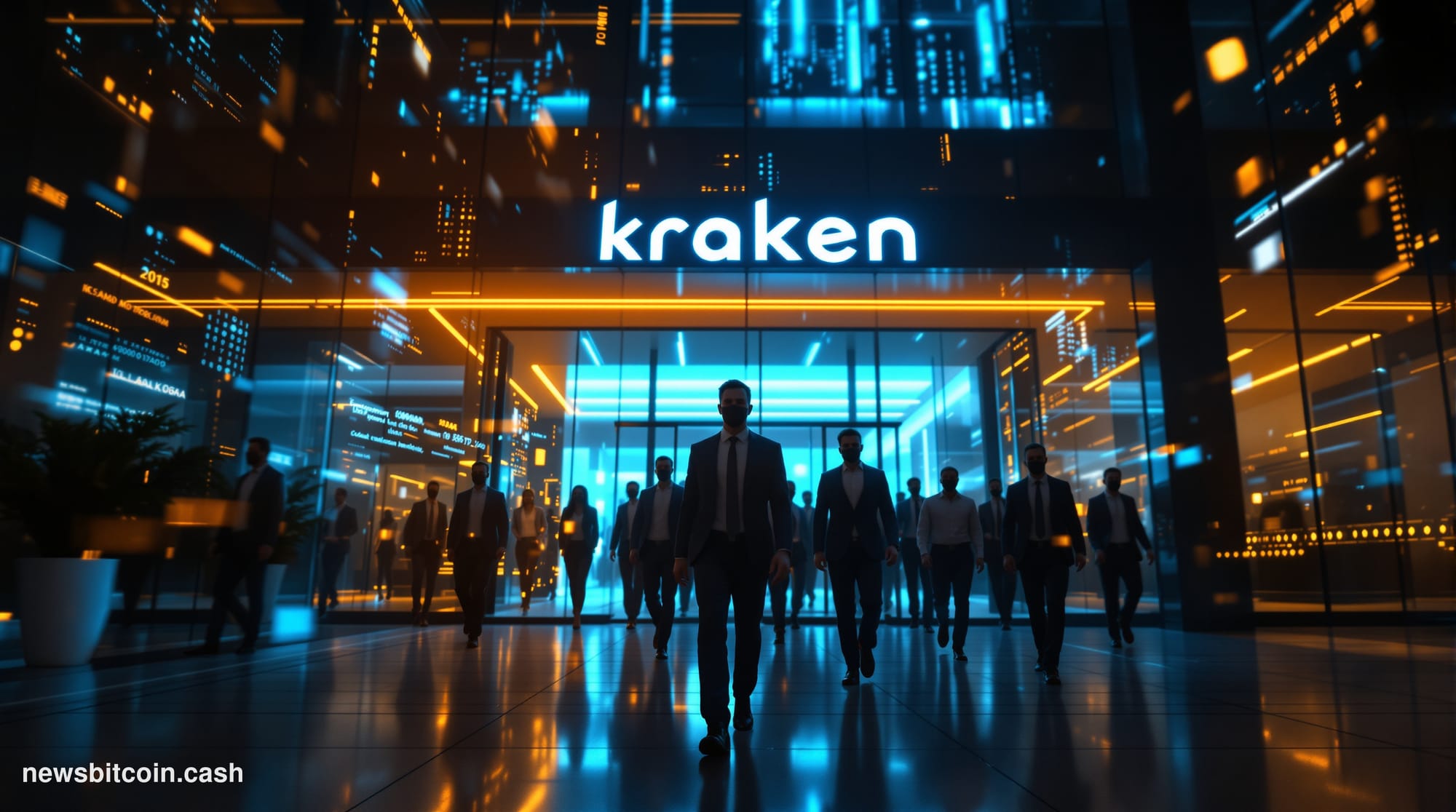 A cinematic photorealistic editorial photograph of Kraken's San Francisco headquarters building exterior during golden hour, 