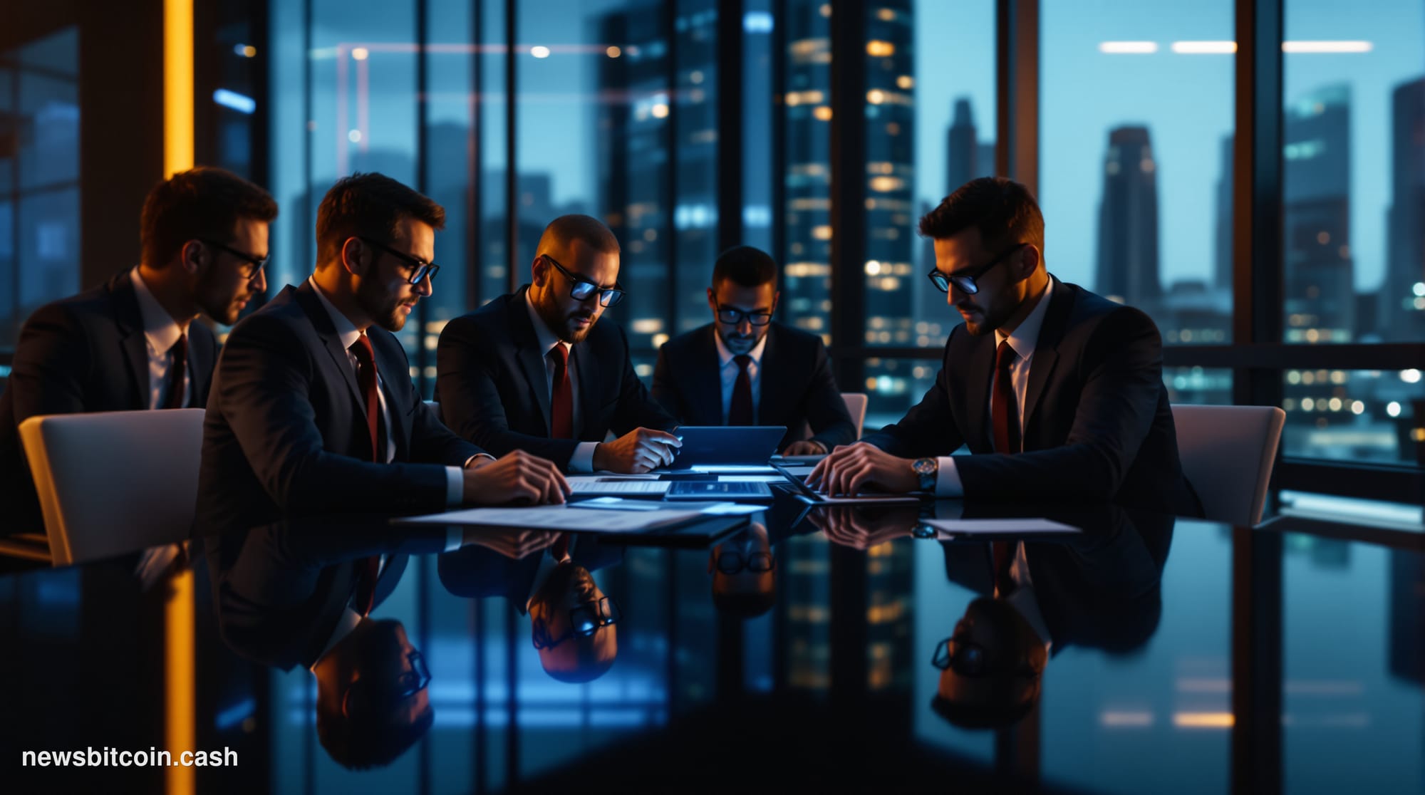 Cinematic photorealistic editorial photograph of a modern fintech company headquarters at golden hour, showing a sleek glass 