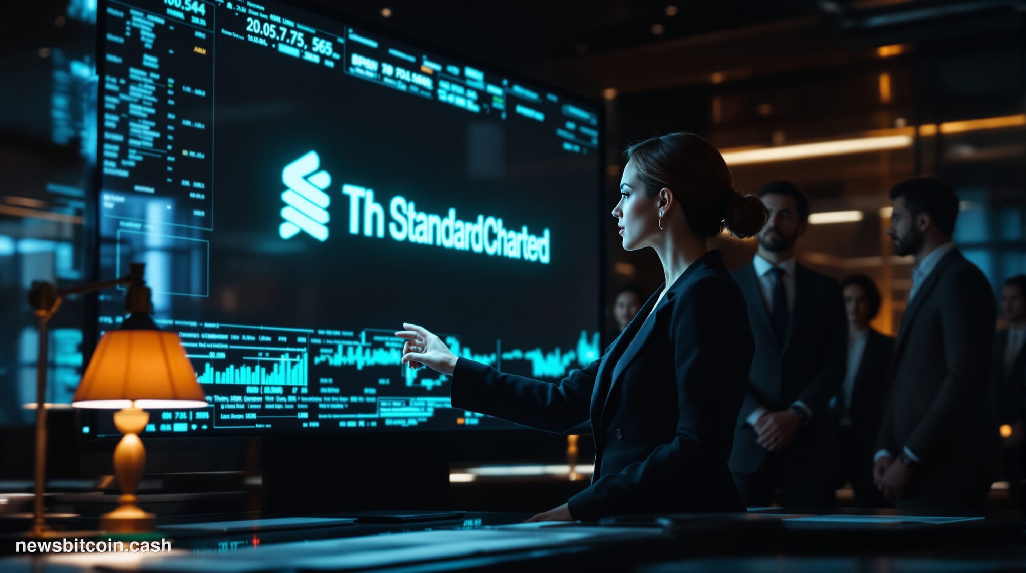 A cinematic photorealistic editorial photograph of Standard Chartered's imposing London headquarters building facade shot fro
