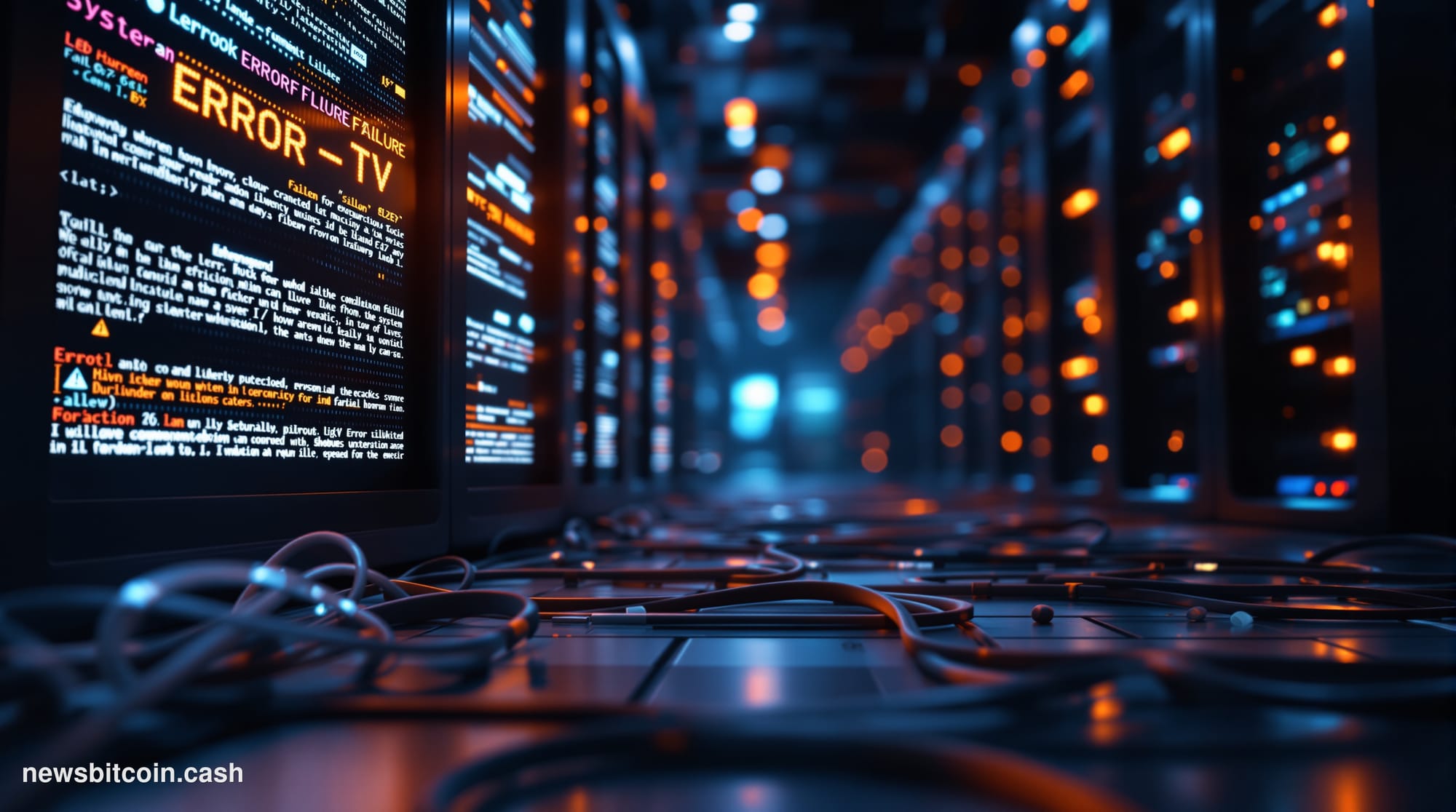 A cinematic photorealistic editorial photograph showing a modern data center server room in partial darkness, with rows of se