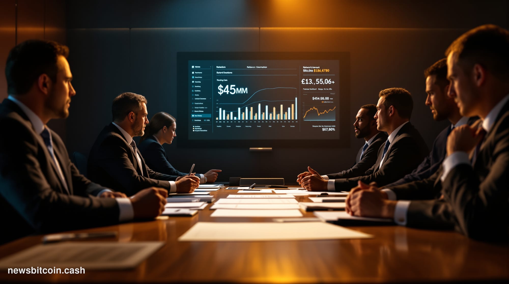 A cinematic photorealistic editorial photograph showing a modern glass-walled conference room during a tense boardroom meetin
