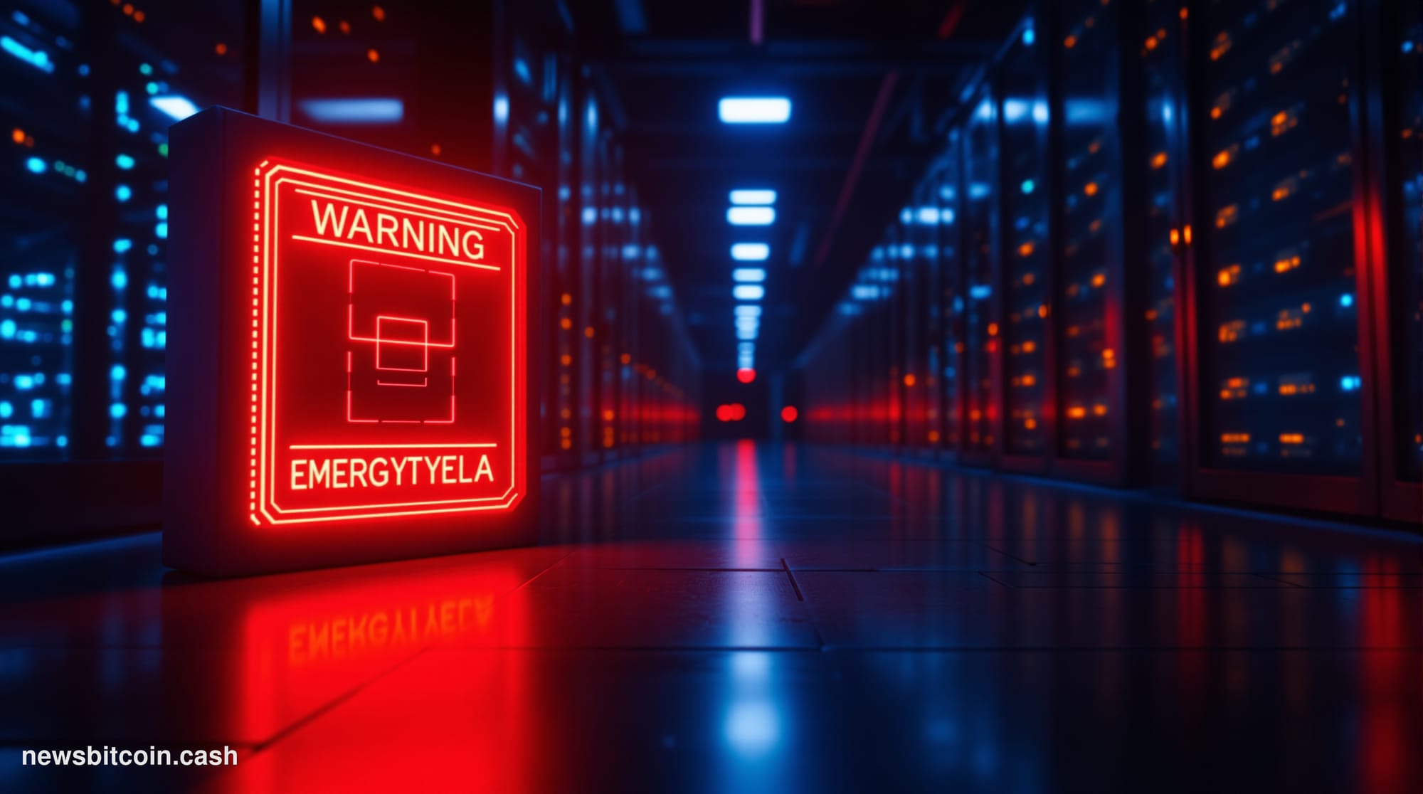 A cinematic photorealistic editorial photograph of a large server infrastructure facility bathed in deep blue and amber emerg
