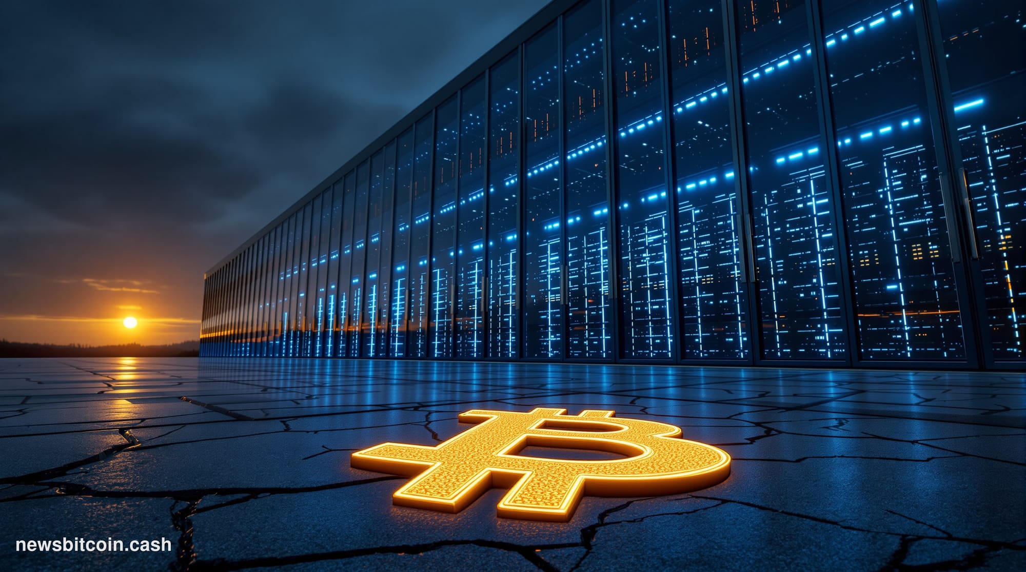 A cinematic photorealistic editorial photograph shot from a low angle looking up at a massive, dimly lit AI data center facil