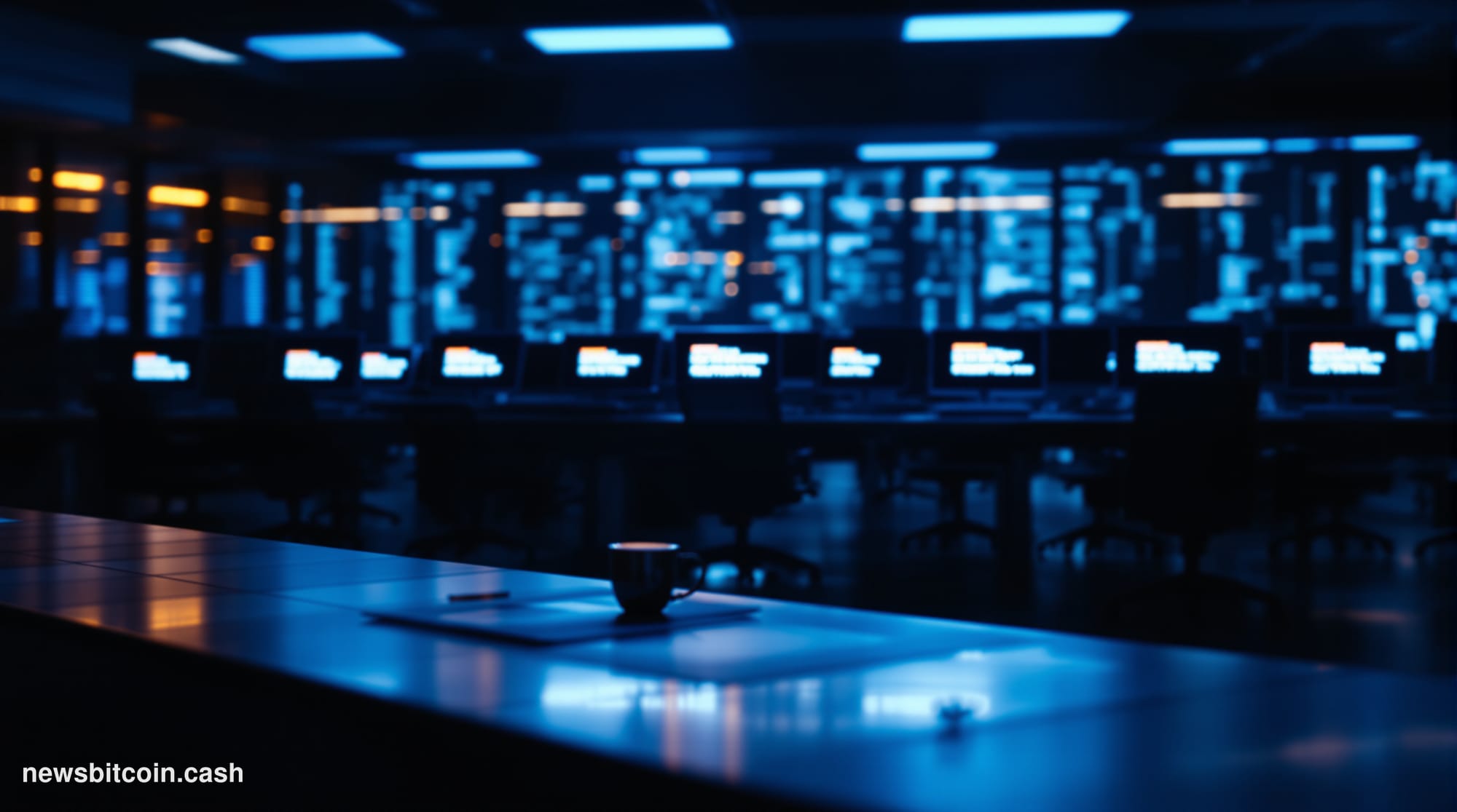 Cinematic photorealistic editorial photograph of a darkened cryptocurrency exchange trading floor with abandoned workstations