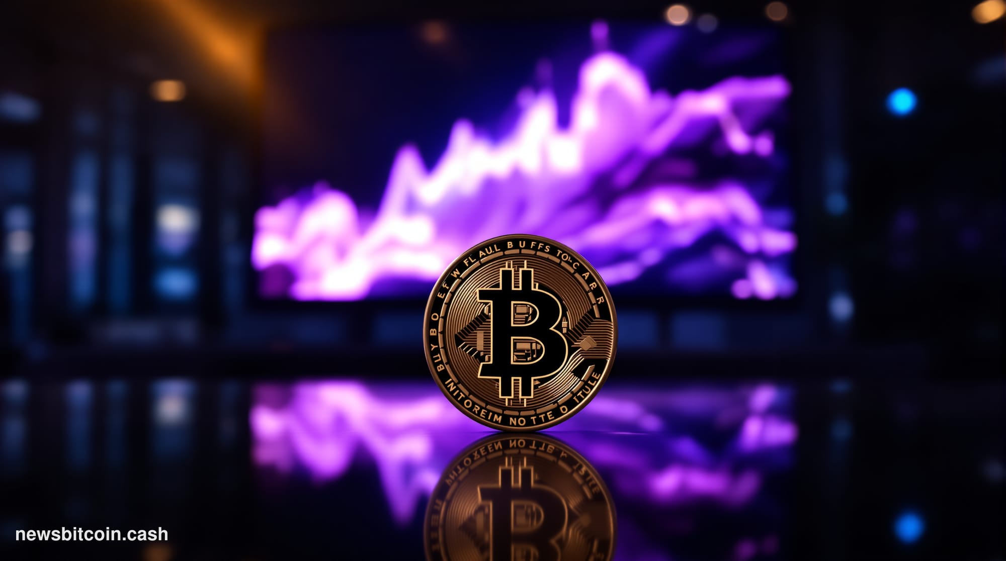 Cinematic photorealistic editorial photograph of a physical Bitcoin coin resting on a sleek dark glass table in the foregroun
