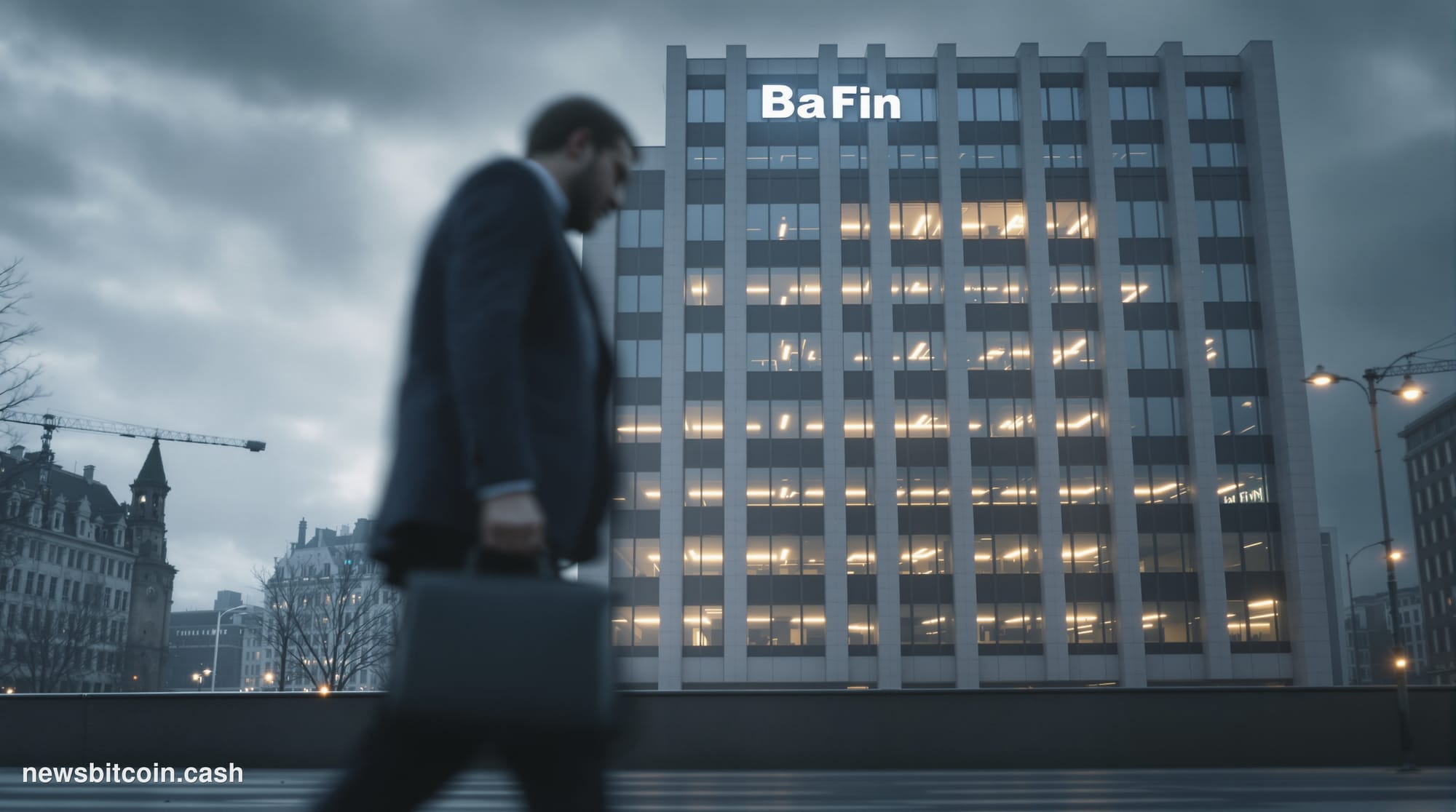 A cinematic photorealistic editorial photograph taken at street level in Frankfurt's financial district, with the BaFin headq