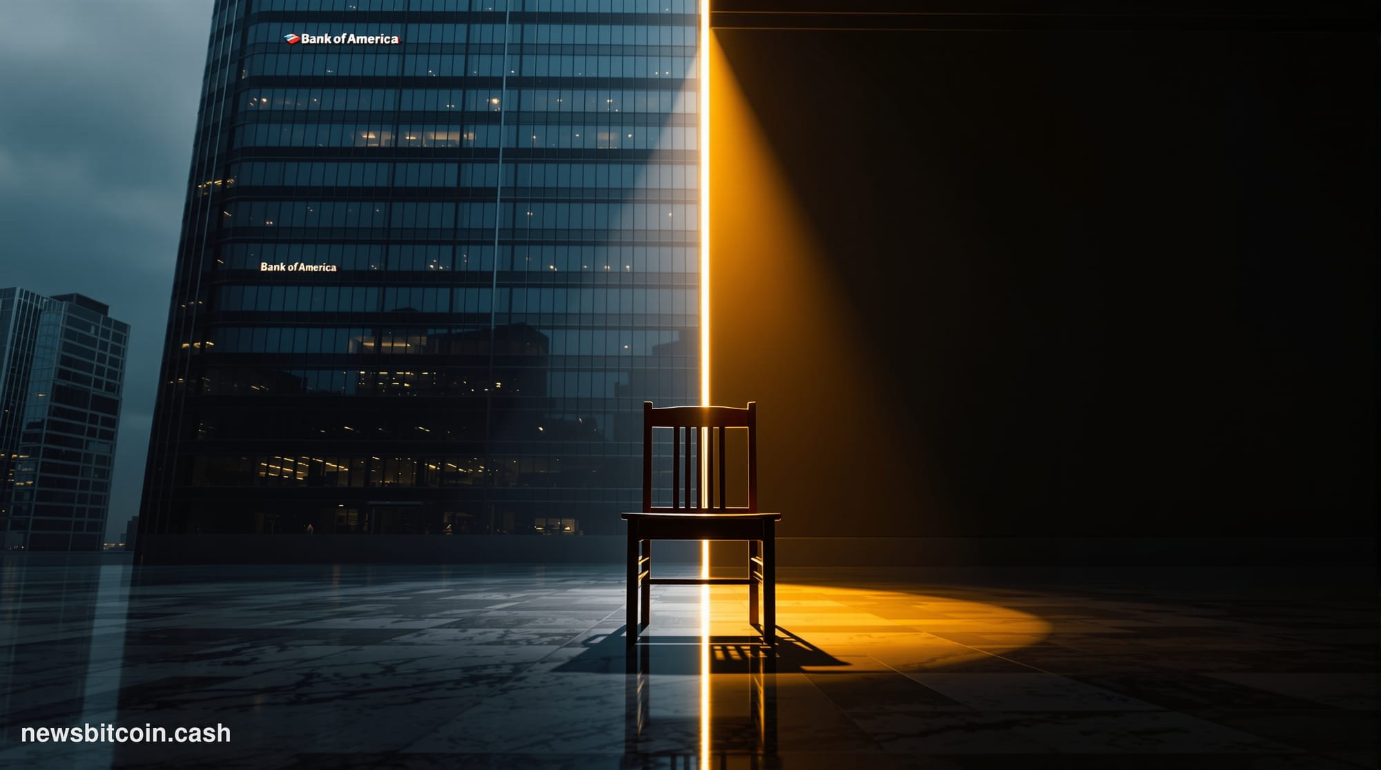 A cinematic photorealistic editorial photograph split by dramatic lighting: on the left, the imposing glass and steel facade 