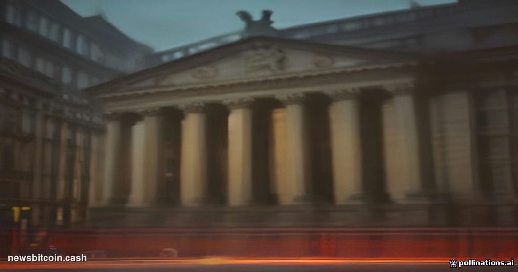 Cinematic photorealistic editorial photograph of the Bank of England's iconic neoclassical Threadneedle Street headquarters i