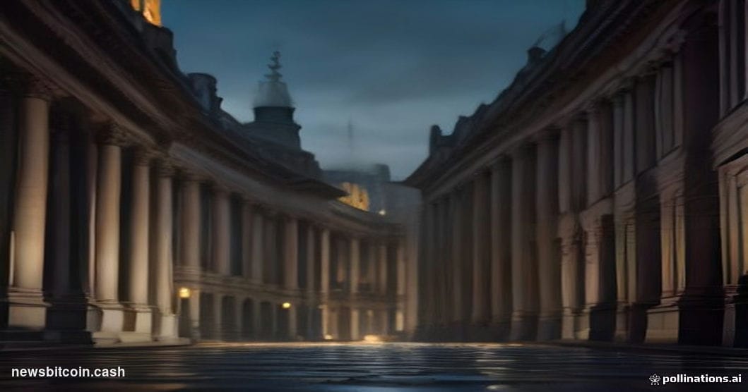 Cinematic photorealistic editorial photograph of the Bank of England's iconic neoclassical stone facade on Threadneedle Stree