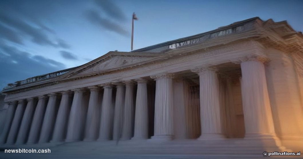Cinematic photorealistic editorial photograph of the U.S. Treasury Building in Washington D.C. shot from a low angle at dusk,