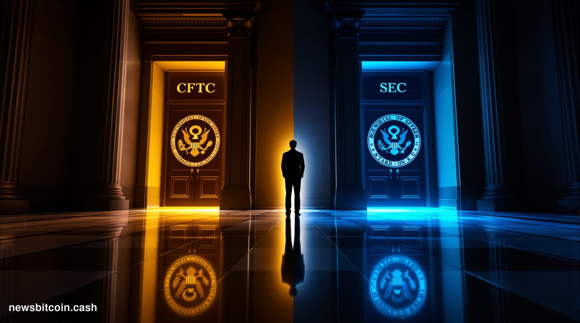A dramatic split-composition editorial photograph shot from a low angle inside a neoclassical federal government building cor