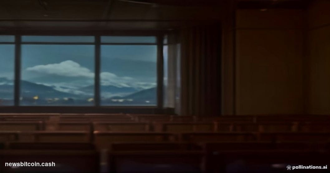 Cinematic photorealistic editorial photograph of a professional financial conference in Denver, Colorado, with the iconic Roc