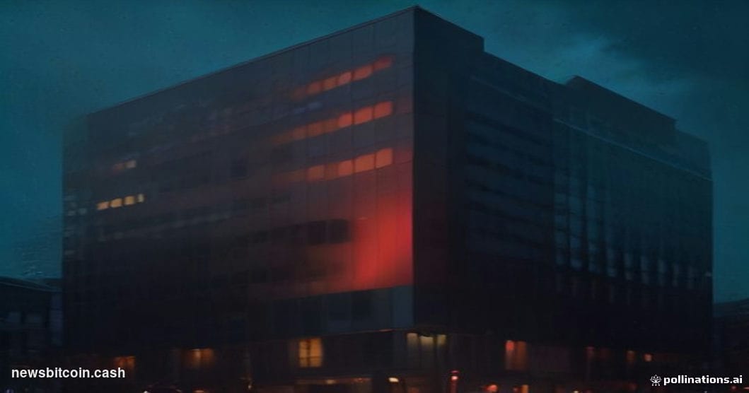 Cinematic photorealistic editorial photograph of Binance's global headquarters exterior at night, dramatic low-angle shot wit