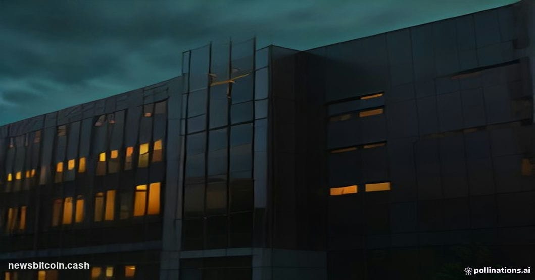 Cinematic photorealistic editorial photograph of the Binance global headquarters exterior at night, with dramatic red and amb
