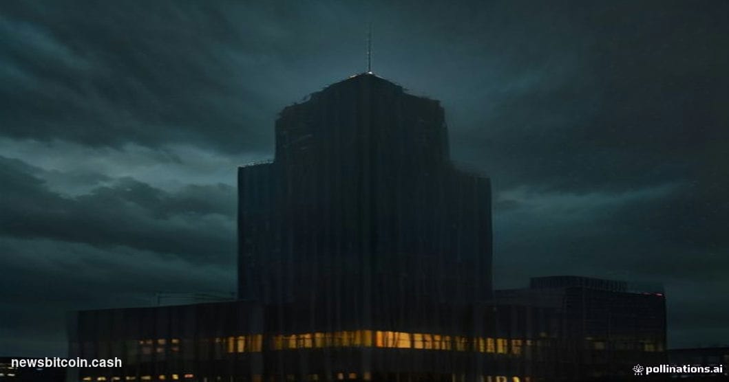 Cinematic photorealistic editorial photograph of the Binance global headquarters exterior at dusk, with dramatic low-angle sh