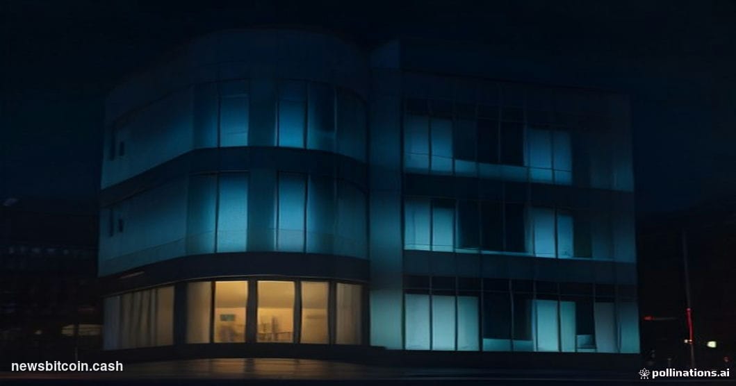 Cinematic photorealistic editorial photograph of the Binance global headquarters exterior at night, shot from a low-angle per