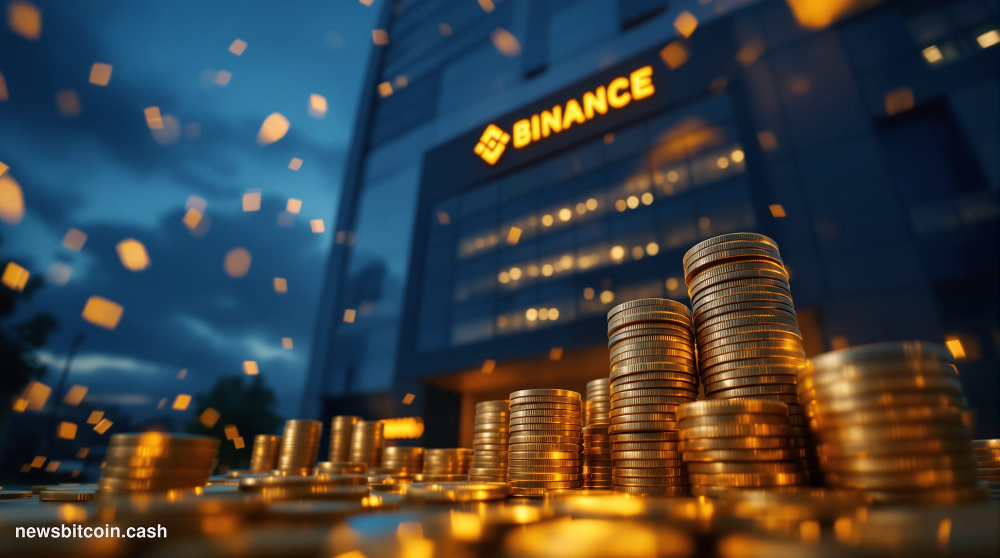 Cinematic photorealistic editorial photograph of the Binance global headquarters exterior at dusk, shot from a low angle look
