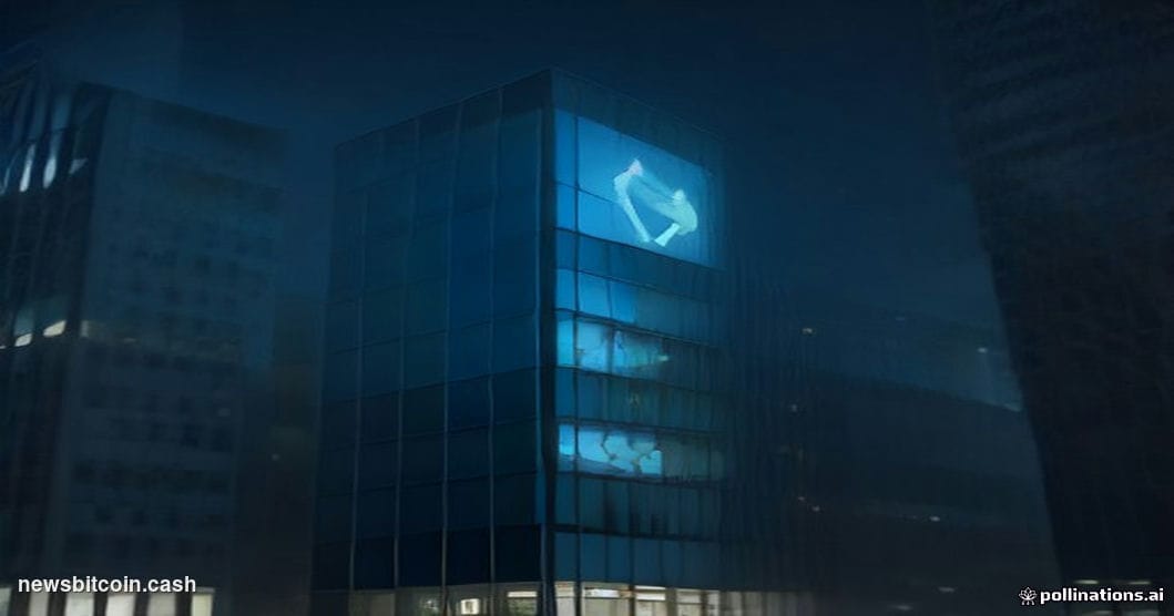 Cinematic photorealistic editorial photograph of the Binance global headquarters exterior at night, shot from a low angle loo