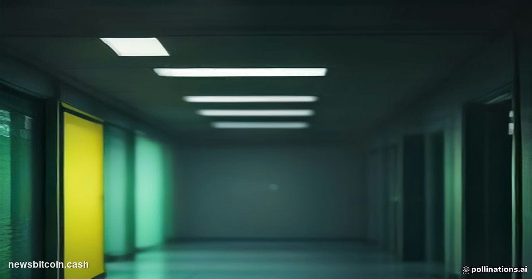 Cinematic photorealistic editorial photograph shot from a low angle looking up at a dark server room corridor bathed in cold 