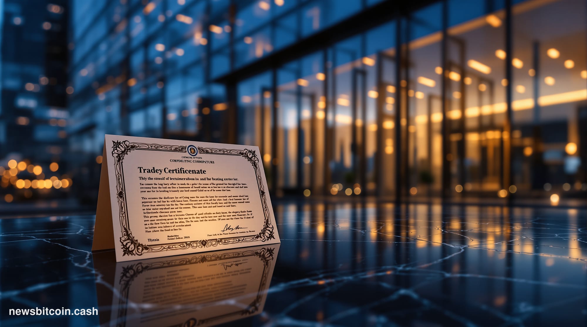 Cinematic photorealistic editorial photograph of the Binance global headquarters exterior at dusk, with dramatic side-lightin