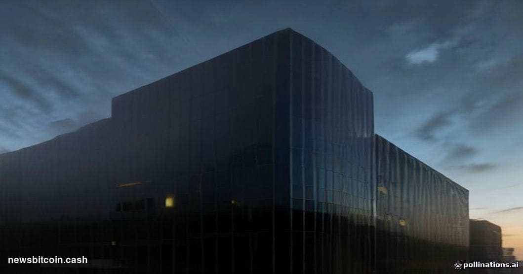 A dramatic cinematic photorealistic editorial photograph of the Binance corporate headquarters building at dusk, its exterior